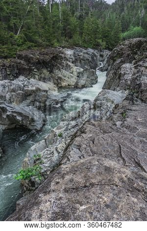 The Beauty Of Wally Creek Pullout. Forest, Wild River, Rocks And Trees On Vancouver Island In Canada