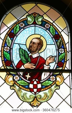 LAZ, CROATIA - JULY 14, 2014: Saint Marko Krizin, stained glass window at St. Andrew's Church in Laz, Croatia