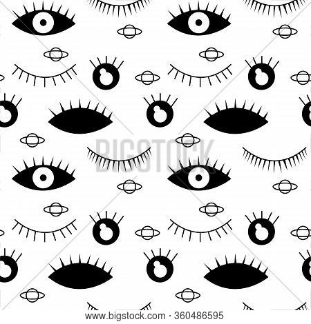 Seamless Pattern In The Style Of Psychedelic Eyes. Closed And Open Black Eye. Pattern For Fabric Cov