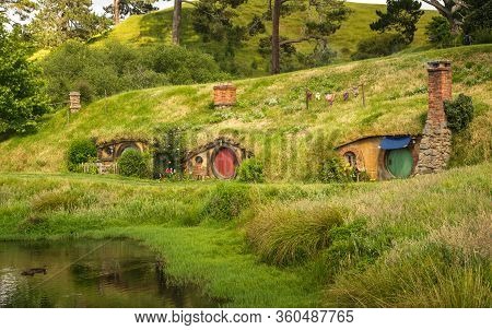 Matamata, New Zealand - December 09 2017 : The Scenery View Of Hobbit House In Hobbiton Movie Set In