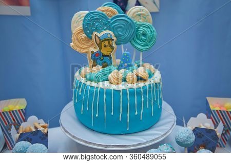 Bright Cake For A Child For Four Years With Gingerbread Cookies In The Form Of Heroes Paw Patrol . P