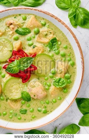Thai Green Curry With Chicken Or Gaeng Kaew Wan Gai On White Marble Background. Thai Green Curry Is