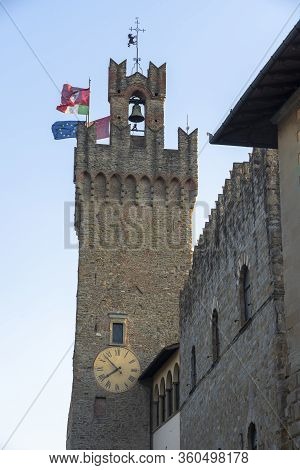 Historic Buildings In Arezzo, Tuscany, Italy. Tower Of Palazzo Dei Priori