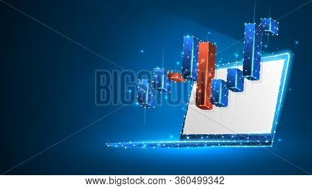 Stock Market Chart On White Laptop Screen. Growing Financial Index. Low Poly, Wireframe 3d Vector Il