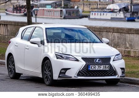 Krakow, Poland 23.02.2020: White Lexus Ct Compact Luxury Hybrid Hatchback Expensive Japanese Car On 