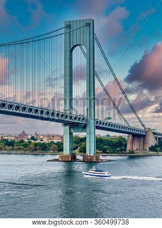 New York, New York - August 31, 2013: The Verrazzano Bridge Is A Suspension Bridge That Connects Sta