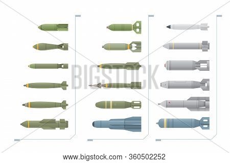 Set Of Modern Aerial Bombs Is Isolated On A White Background. The Set Of Bombs Has Different Forms A