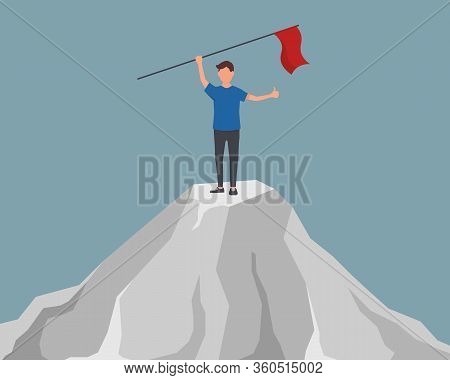 Purposeful Businessman With Flag In Hand. Beginning Of Way To Achievement Of Goal. Businesswoman Cha