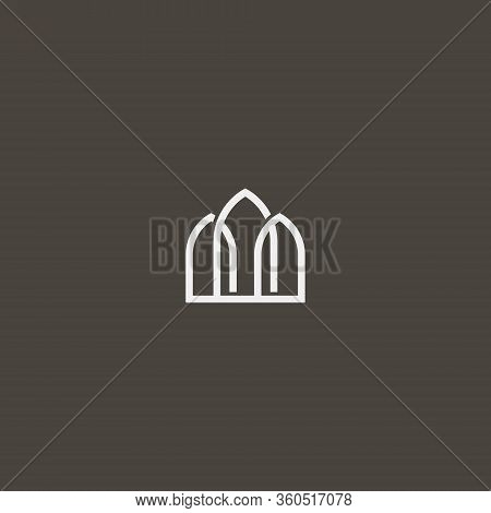 White Sign On A Black Background. Simple Vector Line Art Outline Iconic Sign Of Three Gothic Pointed