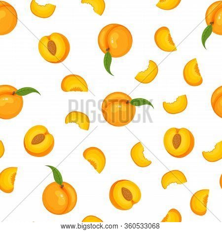 Saemless Pattern With Cartoon Detailed Exotic Peach On White Background. Summer Fruits For Healthy L