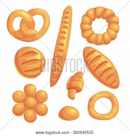 Delicious Bread And Buns Flat Vector Illustration Set. Collection Of Sweet Backed Meal. Pastry Stick