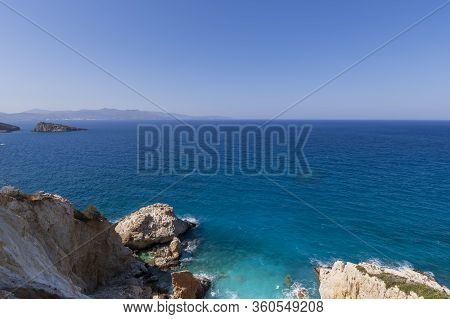 Panoramic View Of A Sea And Islands From The Top Of The Mountain, On The Island Of Crete, Greece.