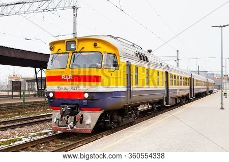Riga, Latvia - February 1:  A Train Prepares To Depart Riga Central Station On A Winter Day.  The St