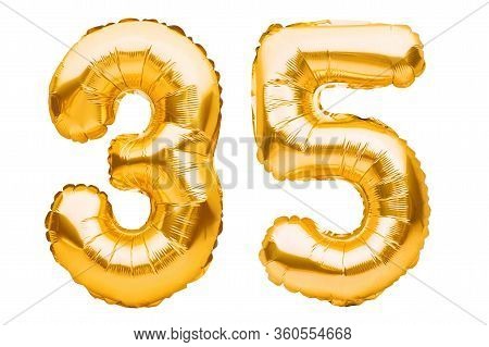 Number 35 Thirty Five Made Of Golden Inflatable Balloons Isolated On White. Helium Balloons, Gold Fo