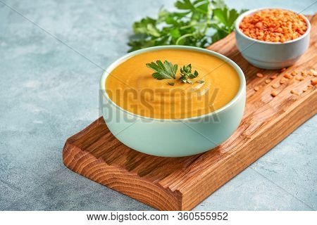 Red Lentil Soup Shorbat Adas . Traditional Middle Eastern Ramadan Food. Close Up
