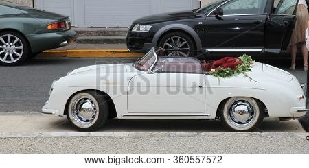 Bordeaux , Aquitaine / France - 11 07 2019 : Restored White Porsche 356 C Convertible In Wedding Day