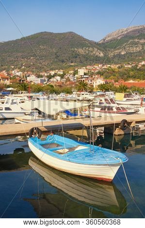 Fishing Boats In Harbor, Beautiful Mediterranean Landscape. Montenegro, Adriatic Sea, Bay Of Kotor. 