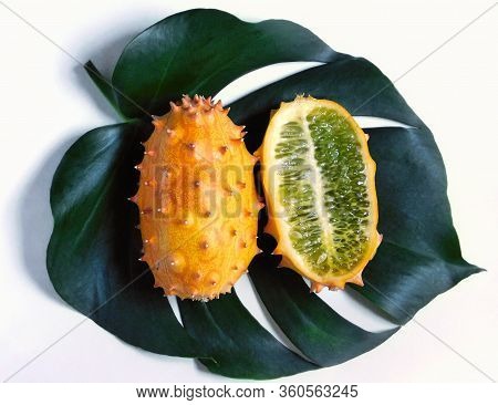 A Whole And Halved Kiwano Fruit Centered On A Green Digitalia Monstera Leaf And Lit With Natural Sun