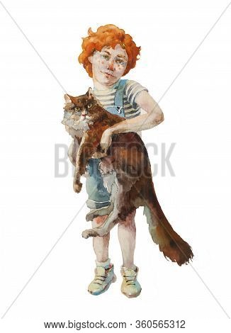 Little Redhead Boy Holding Big Severe Cat In Hands, Original Watercolor Illustration Isolated On Whi