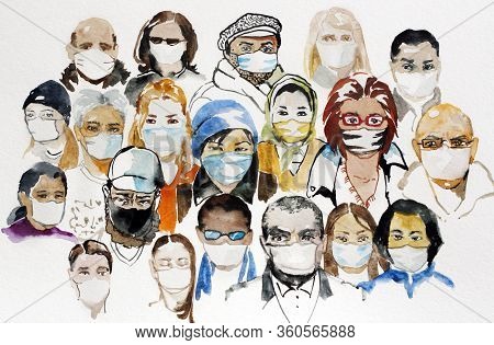 People Of Different Race, Age And Gender In A Medical Masks, Coronavirus Pandemia Concept Watercolor