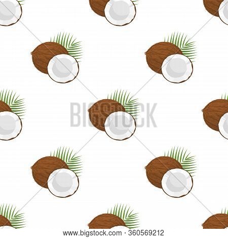 Seamless Pattern With Cartoon Detailed Brown Exotic Whole Coconut, Half And Green Leaf. Summer Fruit