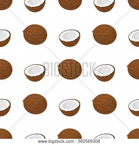 Seamless Pattern With Cartoon Detailed Brown Exotic Whole And Half Coconut. Summer Fruits For Health