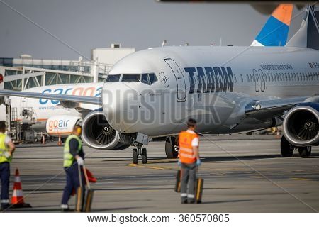 Otopeni, Romania - April 9, 2020: Tarom (the Operating Airline Of Romania) Airplane On Henri Coanda 