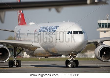 Otopeni, Romania - April 8, 2020: Turkish Airlines Airplane On Henri Coanda International Airport.