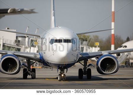 Otopeni, Romania - April 8, 2020: Blue Air Airplane On Henri Coanda International Airport.