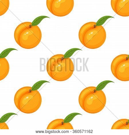 Saemless Pattern With Cartoon Detailed Exotic Whole Peach On White Background. Summer Fruits For Hea