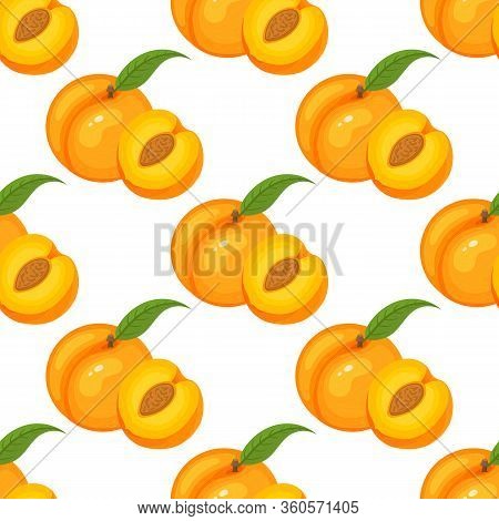 Saemless Pattern With Cartoon Detailed Exotic Peach On White Background. Summer Fruits For Healthy L