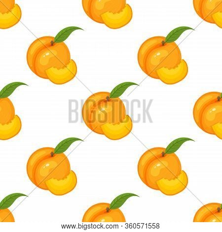 Saemless Pattern With Cartoon Detailed Exotic Peach On White Background. Summer Fruits For Healthy L