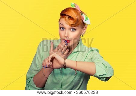 Oops, Late. Closeup Portrait Head Shot Sexy Beautiful Happy Young Woman Lady Girl Looking At Wrist W