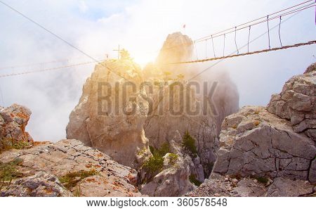 Ai-petri Mountain In The Fog. High Mountain. Crimea. Russian Mountains. Low Clouds. Beautiful Mounta