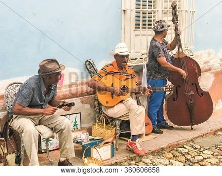 Havana, Cuba - February 14, 2019: Street Musicians In The Old Town In Havana. Cuban Music And Cultur