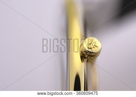 Biel, Switzerland 31.03.2020 - The Closeup Of Calvin Klein Woman Watch Stainless Steel Case Gold Pvd
