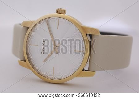 Biel, Switzerland 31.03.2020 - The Closeup Of Calvin Klein Woman Watch Stainless Steel Case Gold Pvd