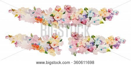 Set Of Flower Garlands Elements Painted In Watercolor On White Paper. Sketch Of Flowers In Pink, Blu