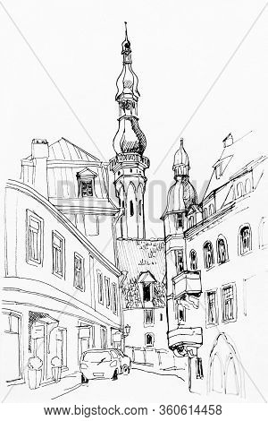 Tallin Downtown Cityscape With Old City Hall Tower Lineart Hand Drawing Architectural Sketch