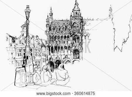 Main Square In Brussels, Belgium, View To Gothic Cityhall, Hand Drawn Sketch Illustration