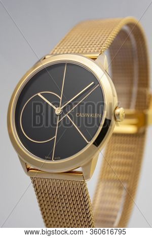 Biel, Switzerland 31.03.2020 - The Closeup Of Calvin Klein Woman Watch Stainless Steel Case Gold Pvd
