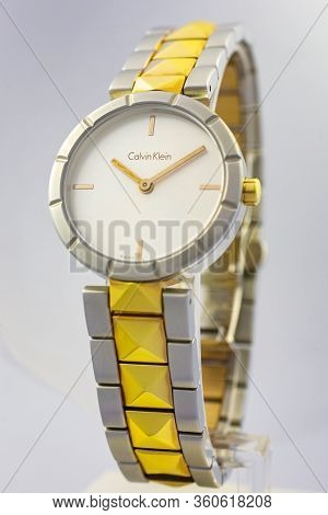 Biel, Switzerland 31.03.2020 - The Closeup Of Calvin Klein Woman Watch Stainless Steel Case Gold Pvd
