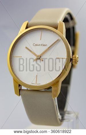 Biel, Switzerland 31.03.2020 - The Closeup Of Calvin Klein Woman Watch Stainless Steel Case Gold Pvd