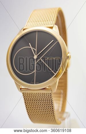 Biel, Switzerland 31.03.2020 - The Closeup Of Calvin Klein Woman Watch Stainless Steel Case Gold Pvd
