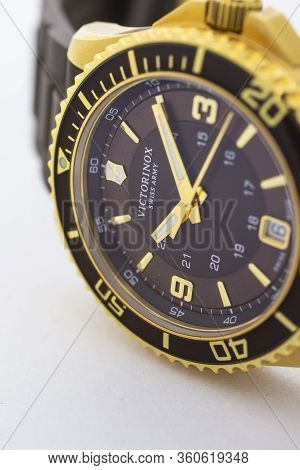 Ibach, Switzerland 31.03.2020 - The Close Up Of Victorinox Man Watch Stainless Steel Case Gold Pvd C
