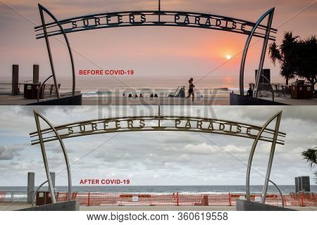 Surfers Paradise Before After Covid-19 Beach Closure Concept. Coronavirus Lockdowns For Surfers Para