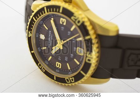 Ibach, Switzerland 31.03.2020 - The Close Up Of Victorinox Man Watch Stainless Steel Case Gold Pvd C