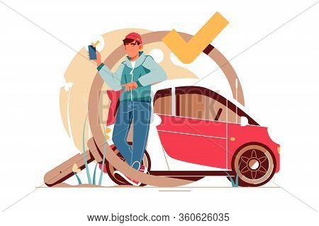 Young Handsome Man Using Smartphone For Car Searching And Sale. Concept Male Character Near Vehcile 