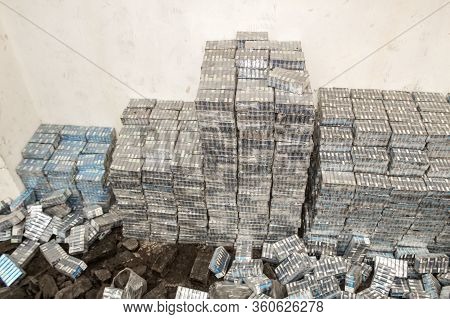 Krakovets, Ukraine - May, 2019: Smuggled Cigarettes Disguised As Peat Briquettes Were Found In A Tru