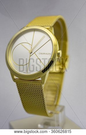 Biel, Switzerland 31.03.2020 - The Closeup Of Calvin Klein Woman Watch Stainless Steel Case Gold Pvd